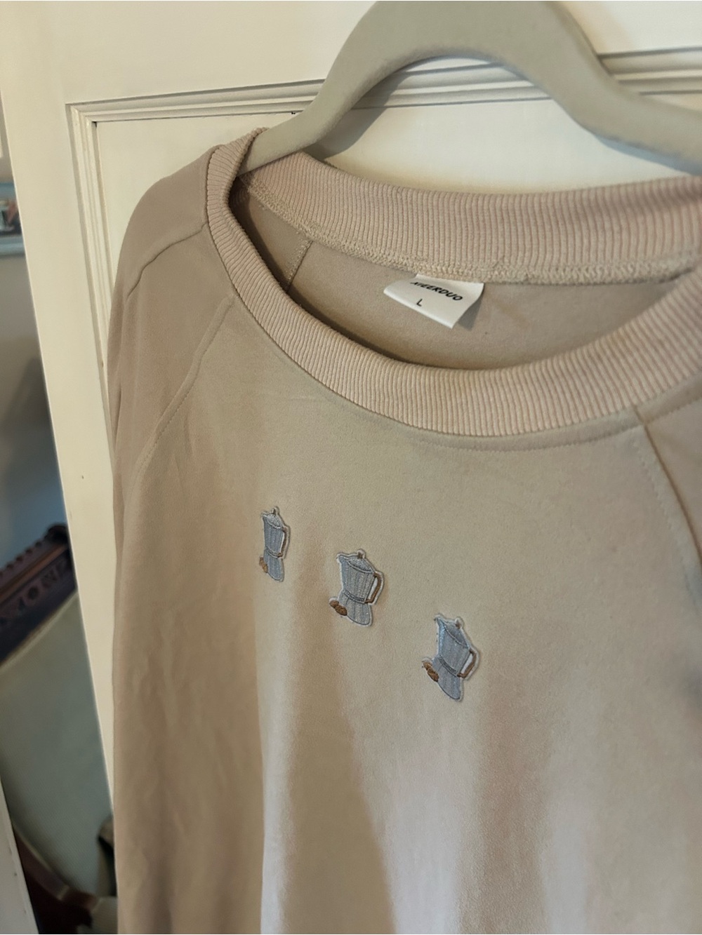 Women’s Beige Crewneck Sweater with Moka Pot Coffee Appliqué Design